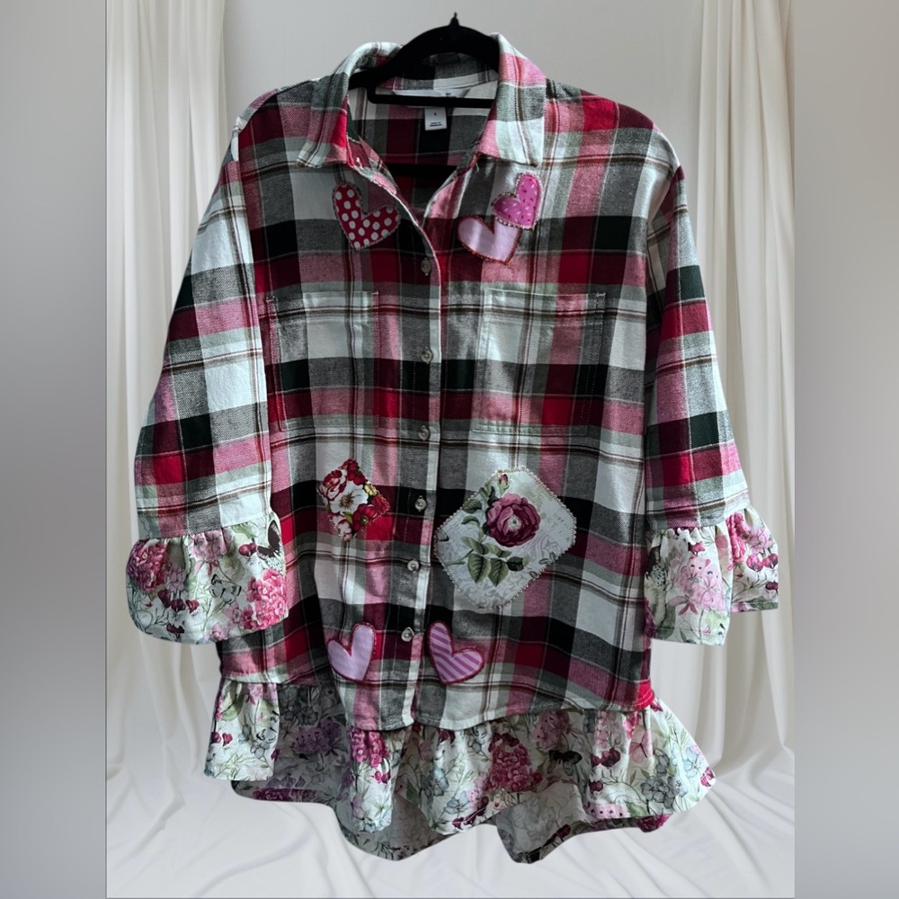 Upcycled Plaid Flannel Tunic Top w/ High Low Floral Ruffle & Heart Patches | S